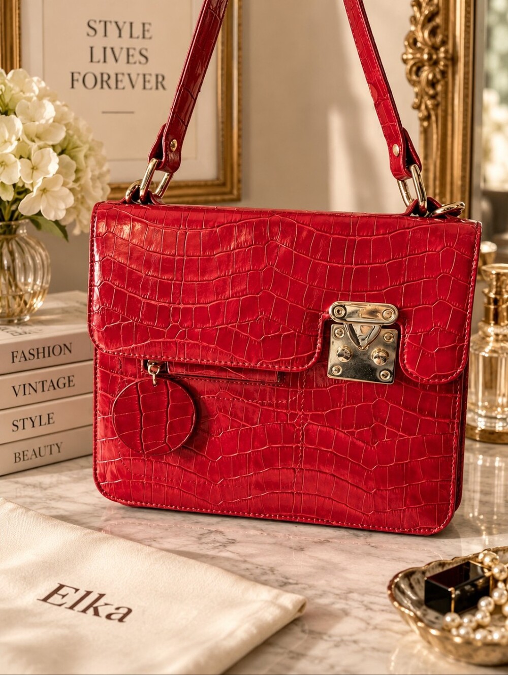 Vintage Elka Croc Embossed Structured Shoulder Bag Red 1990s